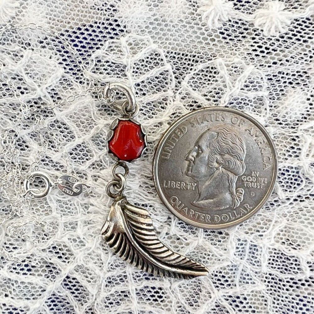 Vintage 70’s Red Coral & Sterling Feather Pendant Necklace - Picture 7 of 10